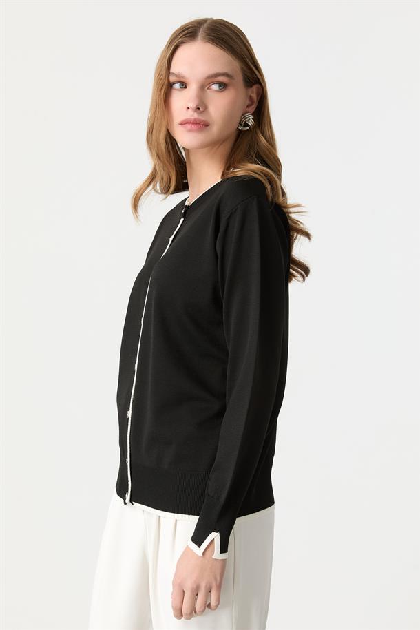 Düğmeli Basic Triko Hırka-SİYAH/KEMİK