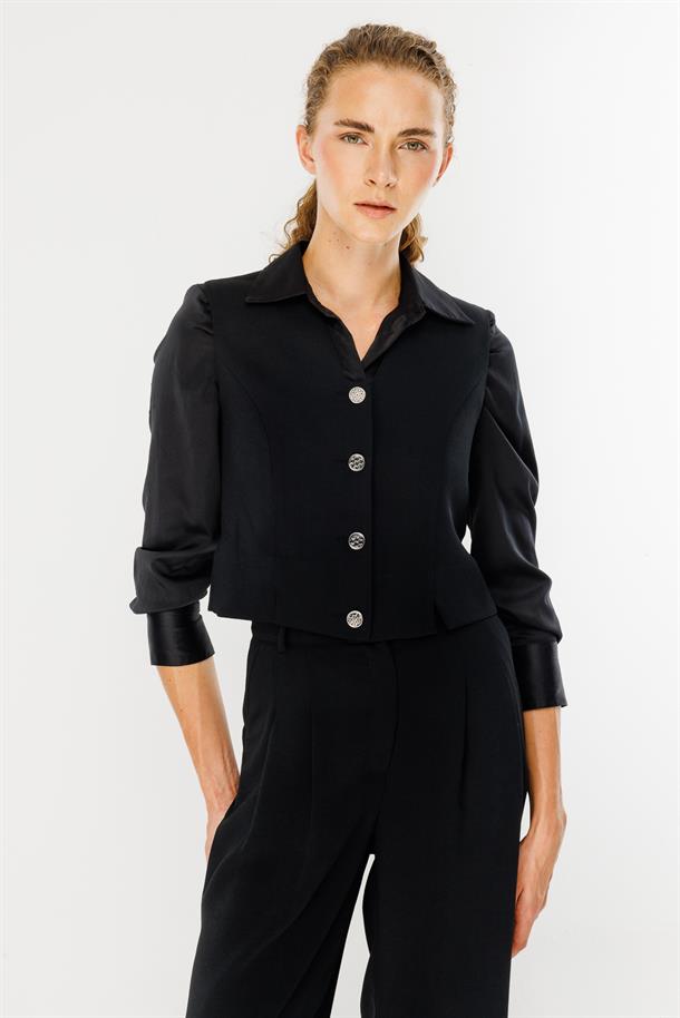 Düğmeli Crop Kumaş Yelek-SİYAH