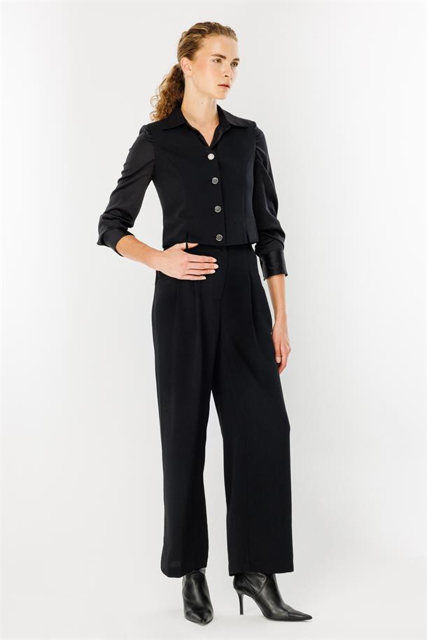 Düğmeli Crop Kumaş Yelek-SİYAH