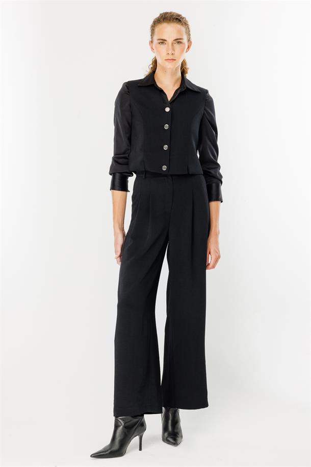 Düğmeli Crop Kumaş Yelek-SİYAH