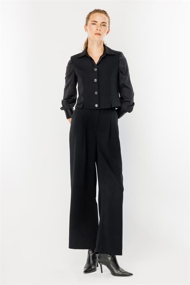 Düğmeli Crop Kumaş Yelek-SİYAH