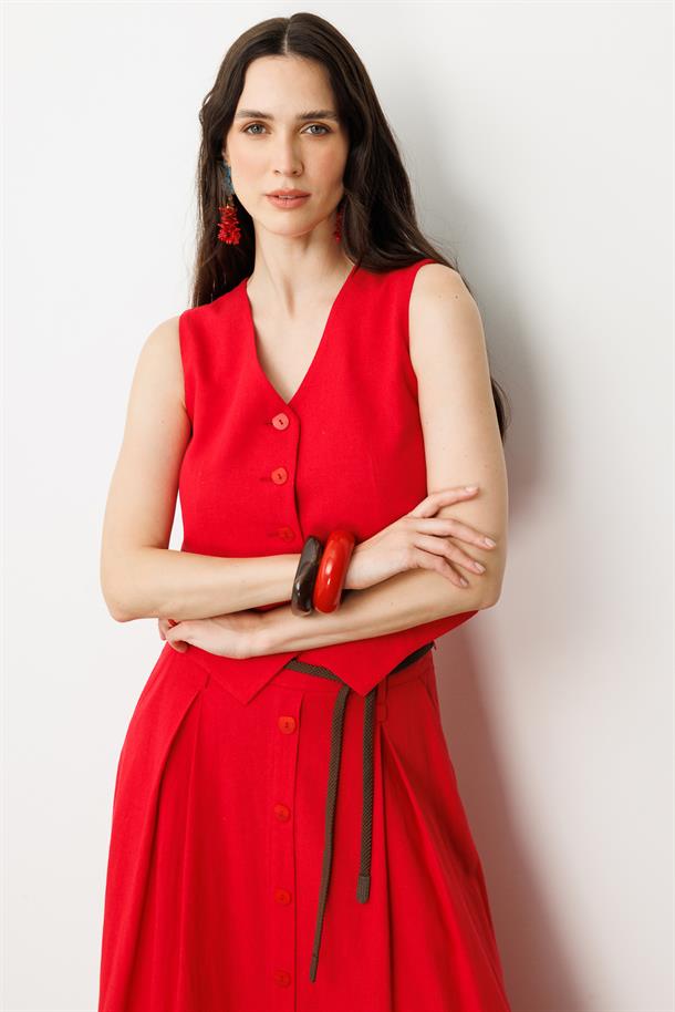 Düğmeli Kısa Keten Yelek-KIRMIZI