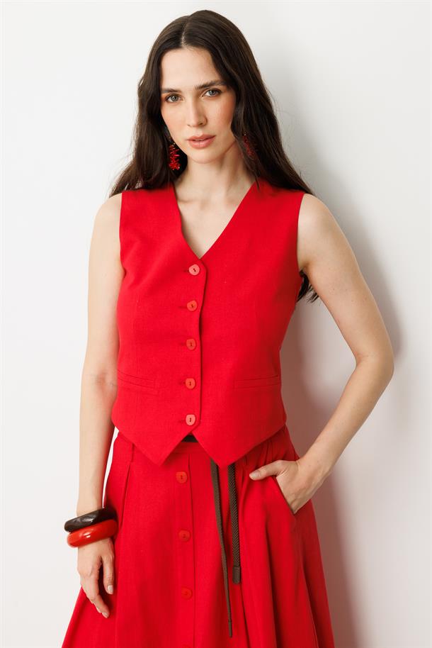 Düğmeli Kısa Keten Yelek-KIRMIZI