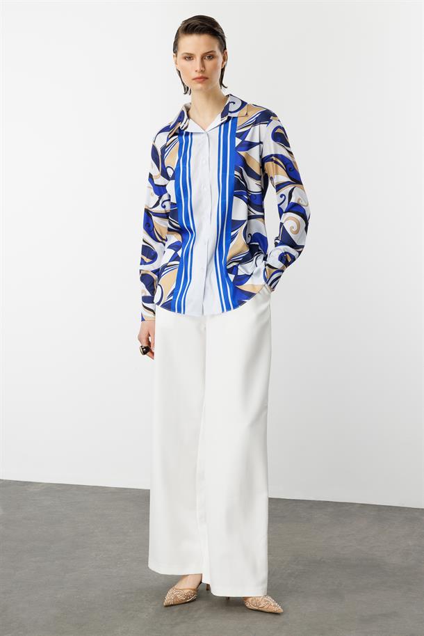 Düğmeli Saten Gömlek-BEYAZ