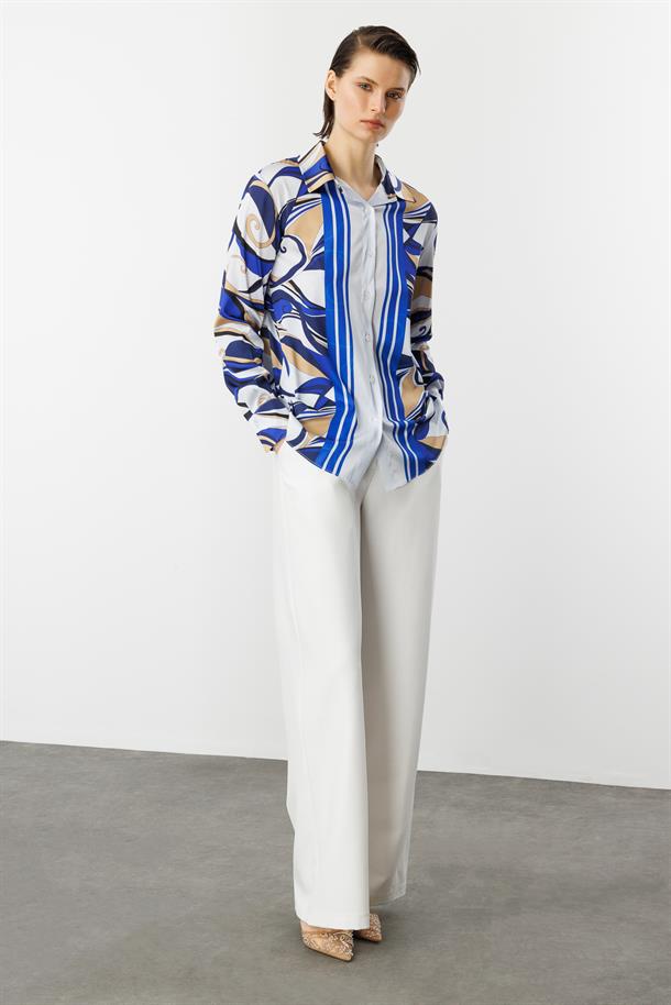 Düğmeli Saten Gömlek-BEYAZ