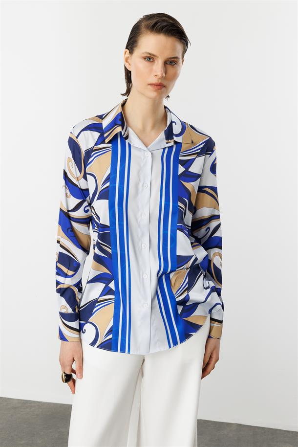 Düğmeli Saten Gömlek-BEYAZ