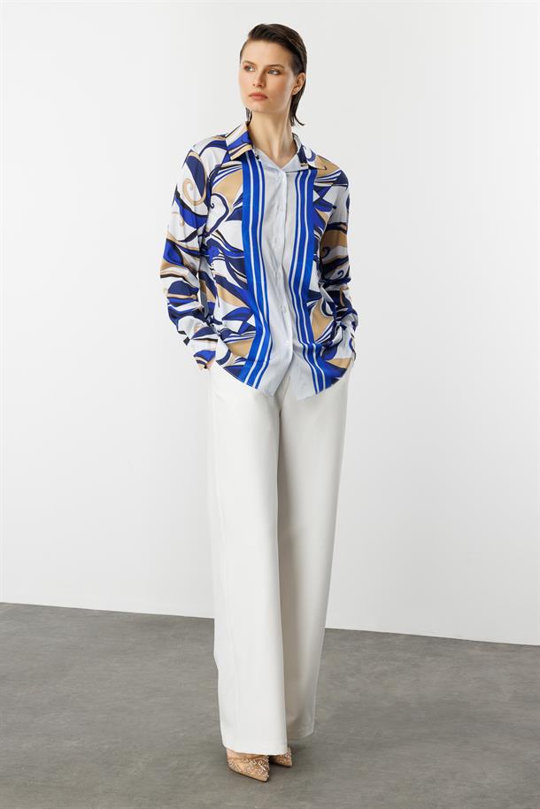 Düğmeli Saten Gömlek-BEYAZ