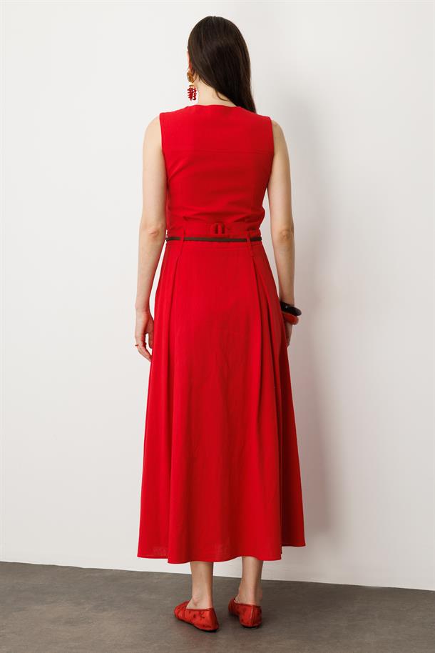 Düğmeli Uzun Keten Etek-ŞEFTALİ