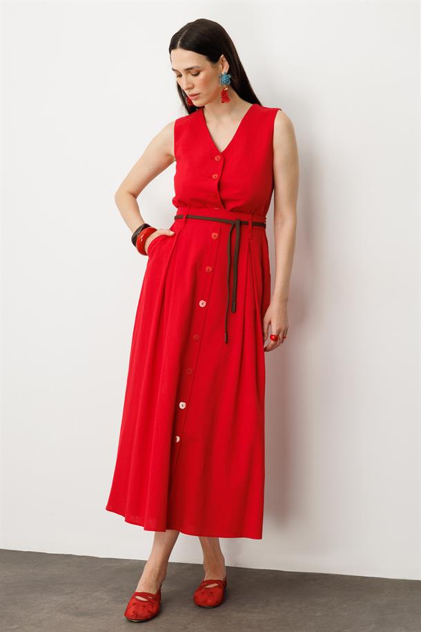 Düğmeli Uzun Keten Etek-ŞEFTALİ