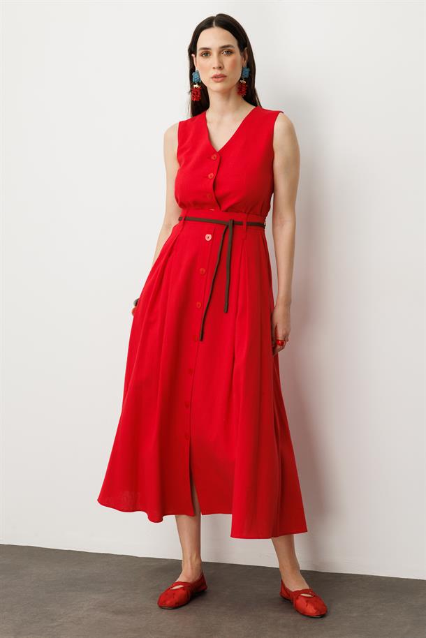 Düğmeli Uzun Keten Etek-ŞEFTALİ