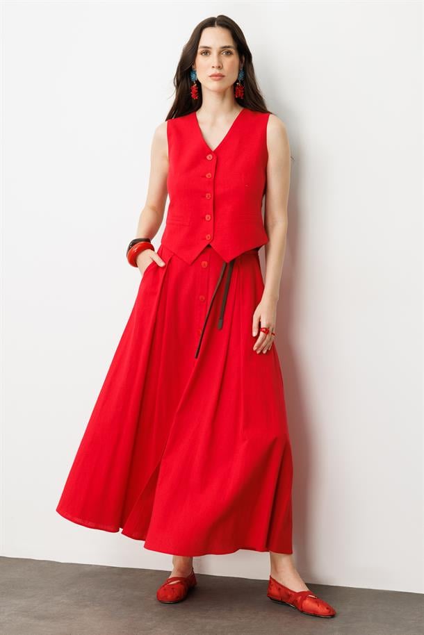 Düğmeli Uzun Keten Etek-ŞEFTALİ