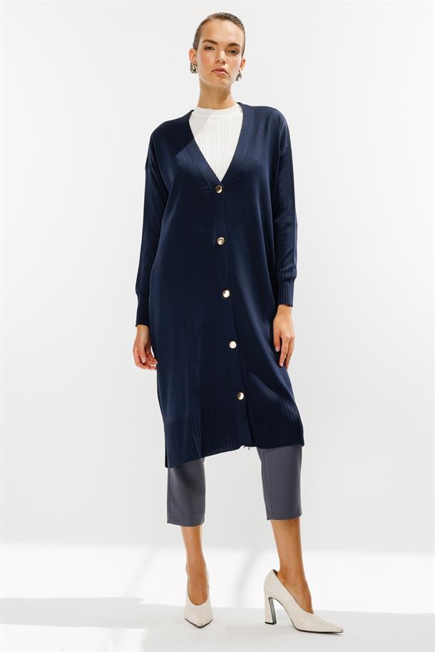 Düğmeli Uzun Triko Hırka-LACI