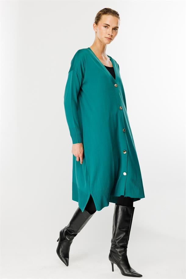 Düğmeli Uzun Triko Hırka-PETROL