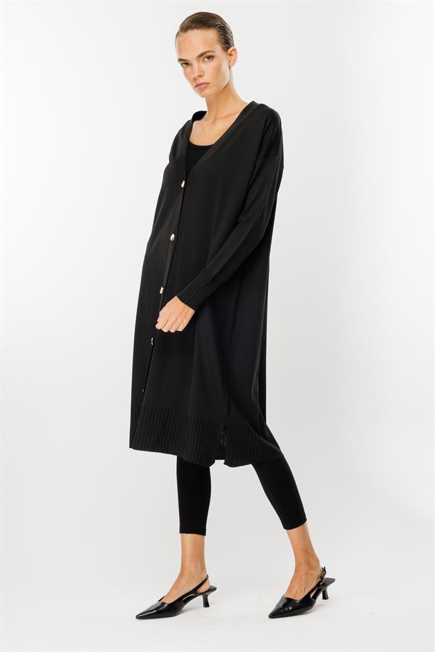 Düğmeli Uzun Triko Hırka-SİYAH