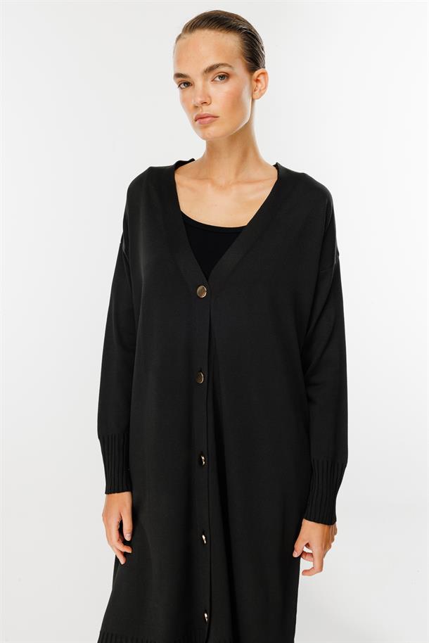 Düğmeli Uzun Triko Hırka-SİYAH