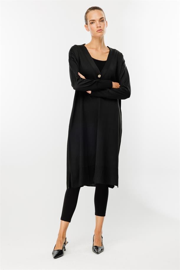 Düğmeli Uzun Triko Hırka-SİYAH