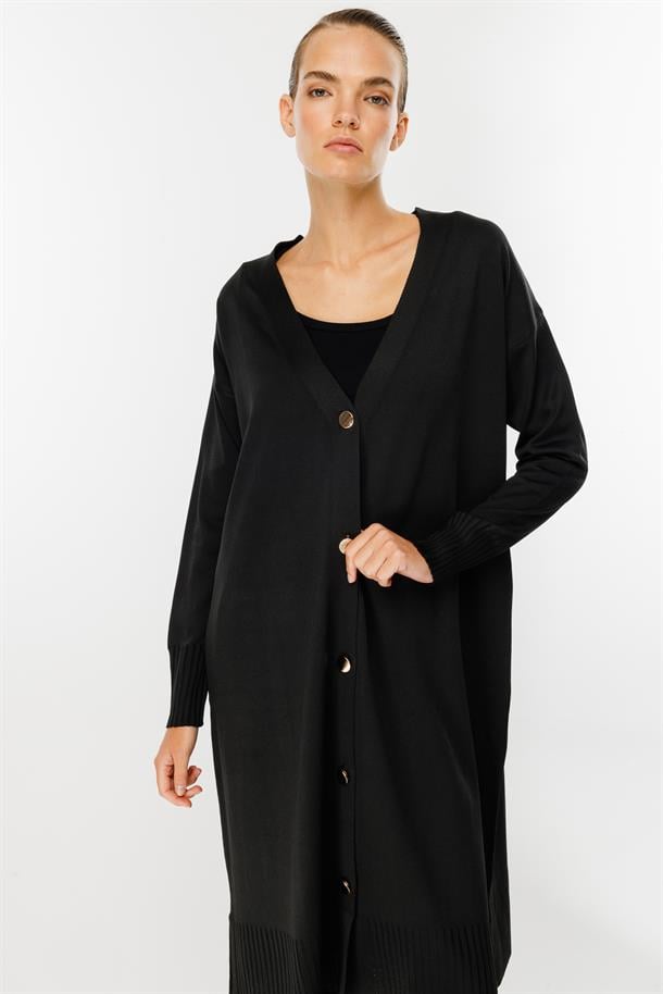 Düğmeli Uzun Triko Hırka-SİYAH