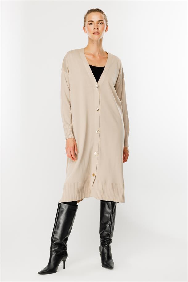 Düğmeli Uzun Triko Hırka-TAŞ