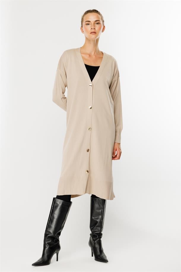 Düğmeli Uzun Triko Hırka-TAŞ