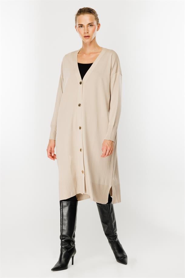 Düğmeli Uzun Triko Hırka-TAŞ