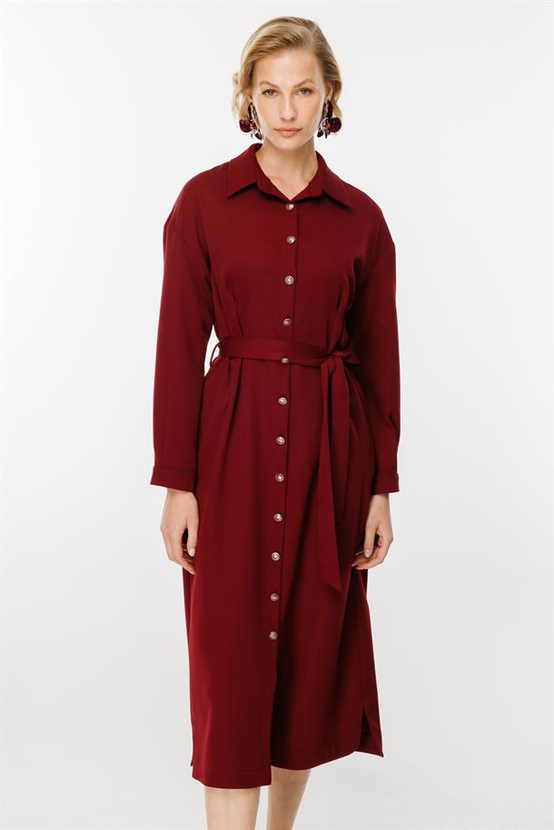 Düğmeli ve Beli Kuşaklı Elbise-BORDO