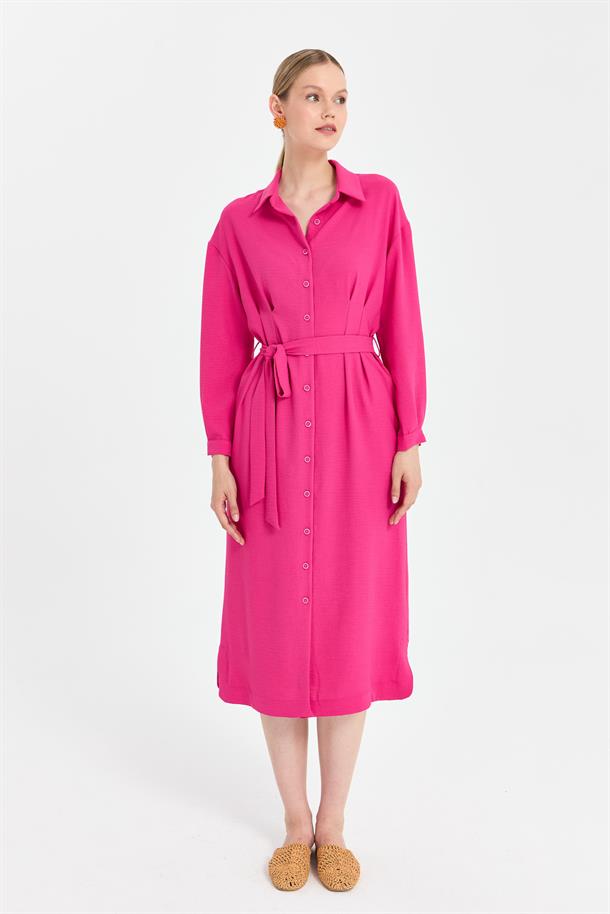 Düğmeli ve Beli Kuşaklı Elbise-FUJYA