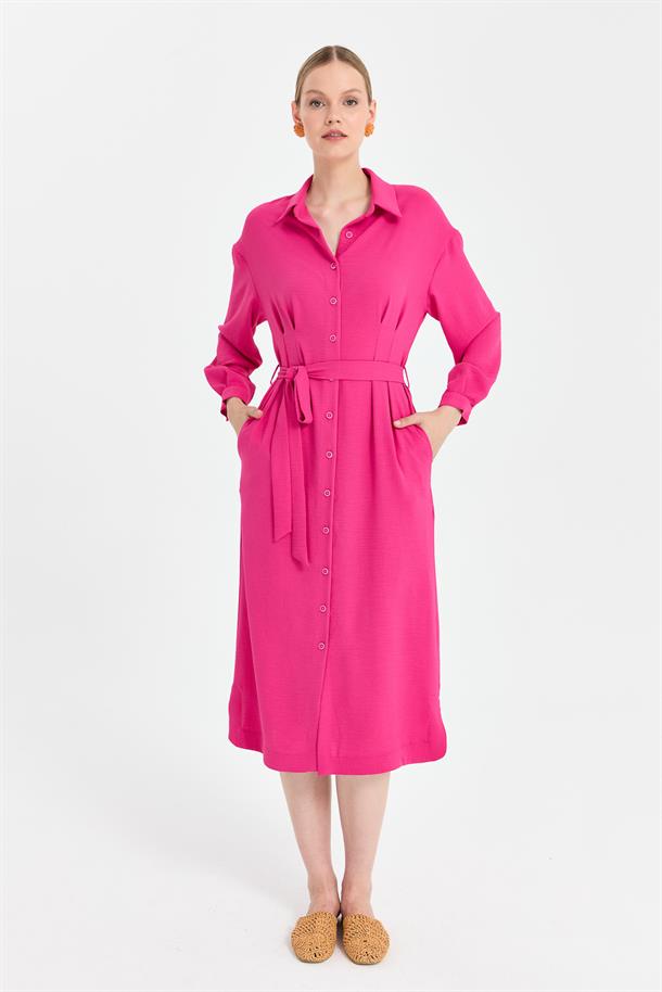 Düğmeli ve Beli Kuşaklı Elbise-FUJYA