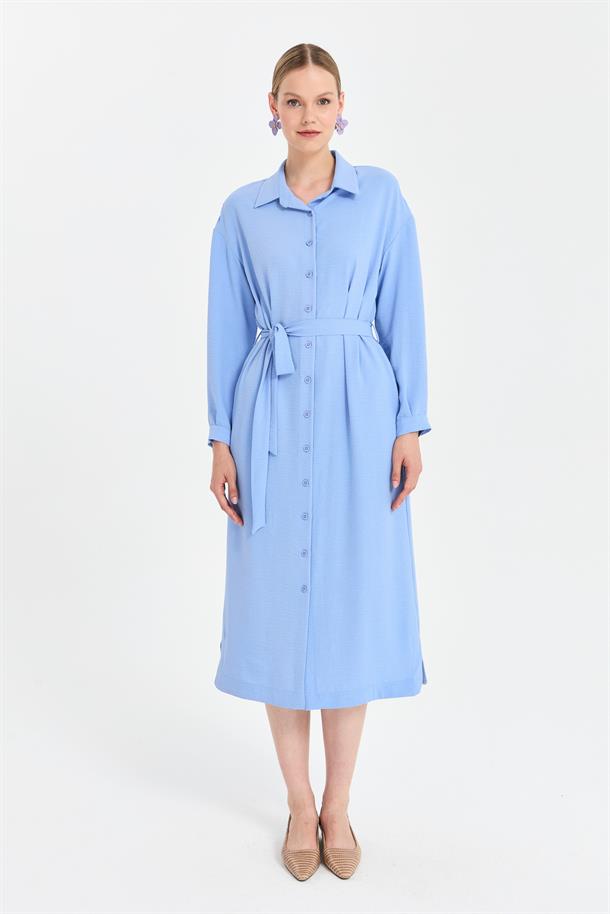 Düğmeli ve Beli Kuşaklı Elbise-MAVİ