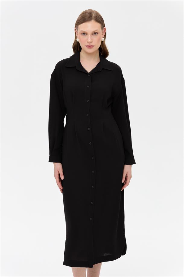Düğmeli ve Beli Kuşaklı Elbise-SİYAH