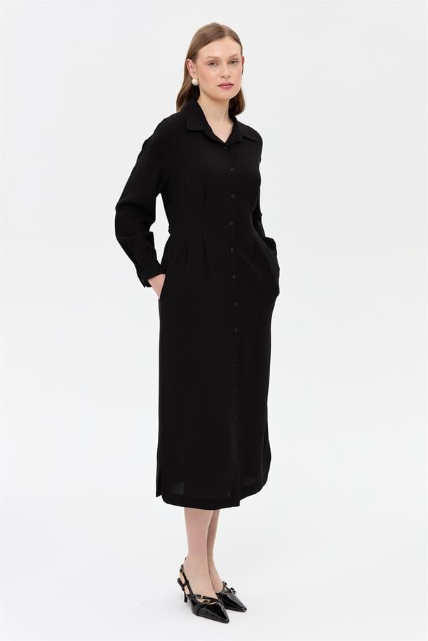 Düğmeli ve Beli Kuşaklı Elbise-SİYAH