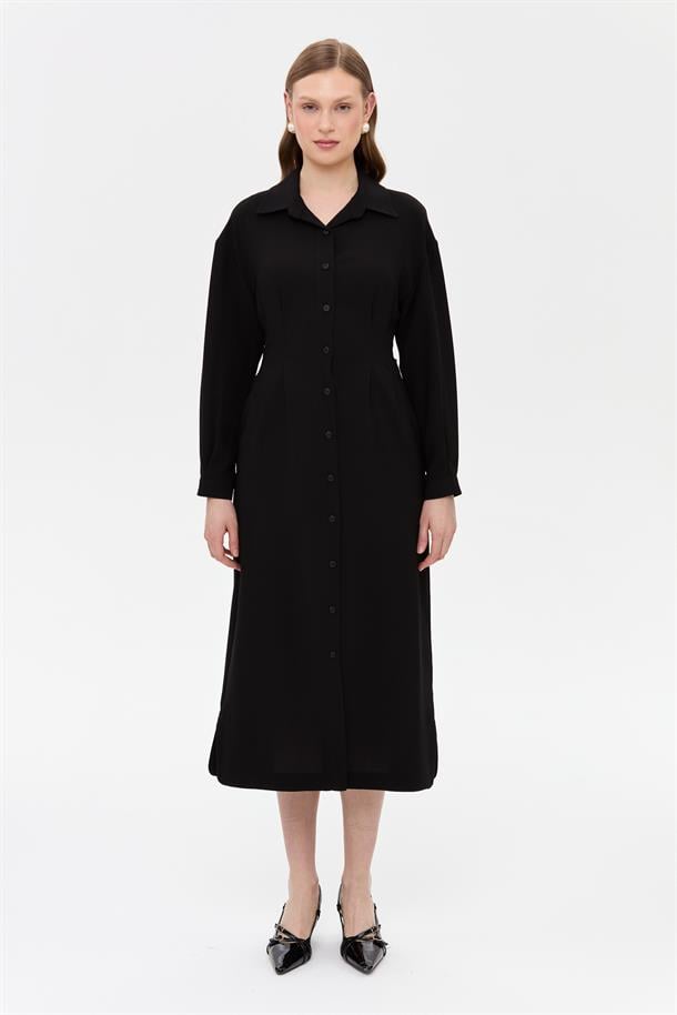 Düğmeli ve Beli Kuşaklı Elbise-SİYAH