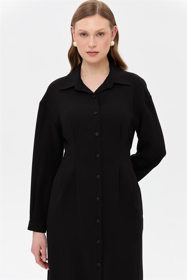 Düğmeli ve Beli Kuşaklı Elbise-SİYAH