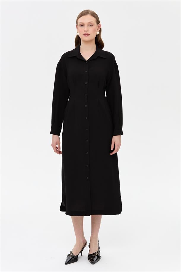 Düğmeli ve Beli Kuşaklı Elbise-SİYAH