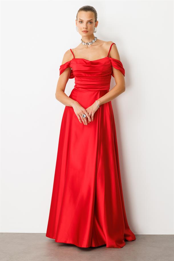 Düşük Kol Saten Abiye Elbise-KIRMIZI