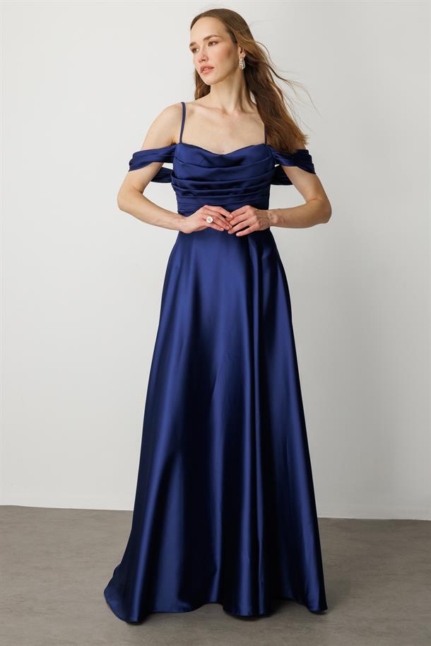 Düşük Kol Saten Abiye Elbise-LACI