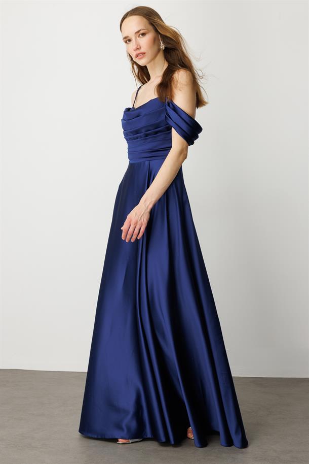 Düşük Kol Saten Abiye Elbise-LACI