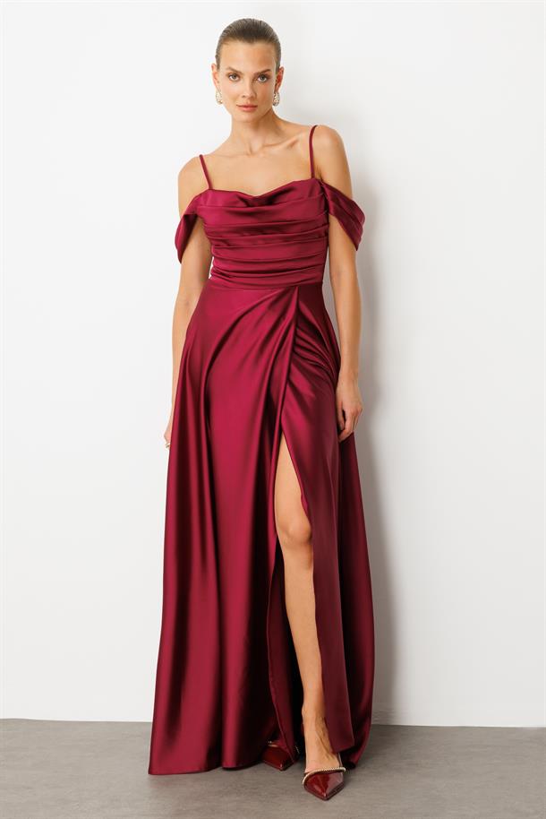 Düşük Kol Saten Abiye Elbise-MÜRDÜM