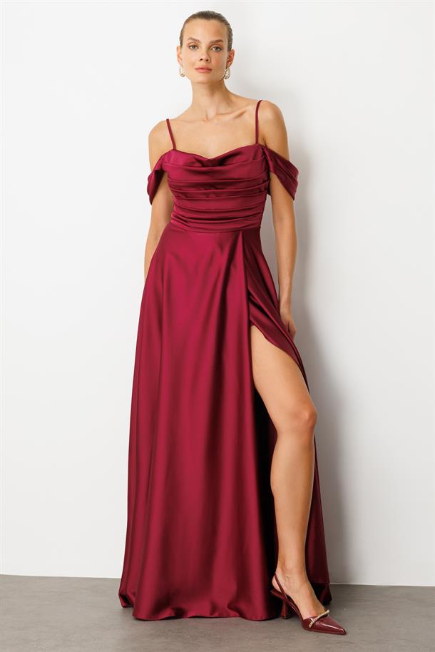 Düşük Kol Saten Abiye Elbise-MÜRDÜM