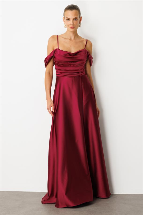 Düşük Kol Saten Abiye Elbise-MÜRDÜM