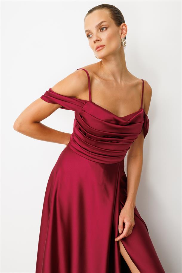 Düşük Kol Saten Abiye Elbise-MÜRDÜM