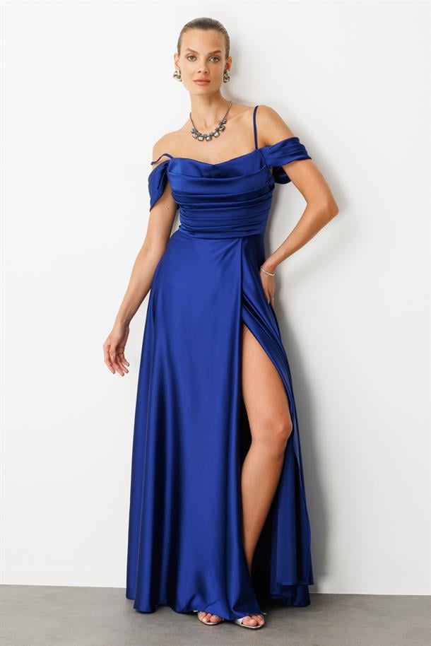 Düşük Kol Saten Abiye Elbise-SAX