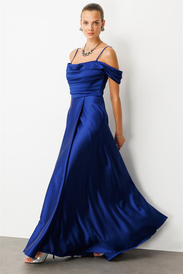 Düşük Kol Saten Abiye Elbise-SAX