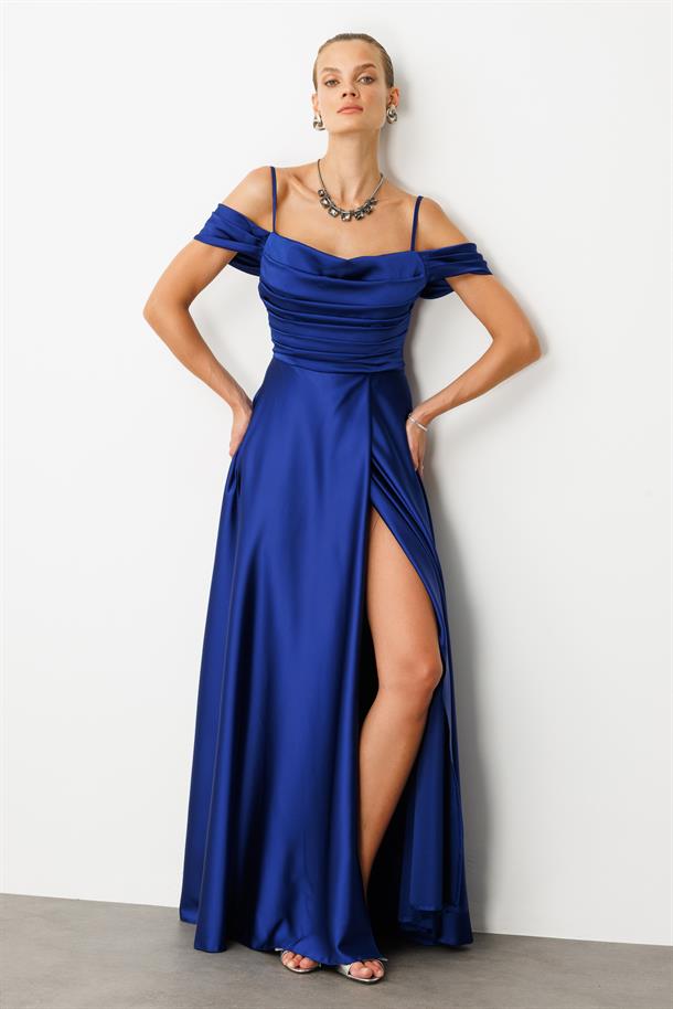 Düşük Kol Saten Abiye Elbise-SAX