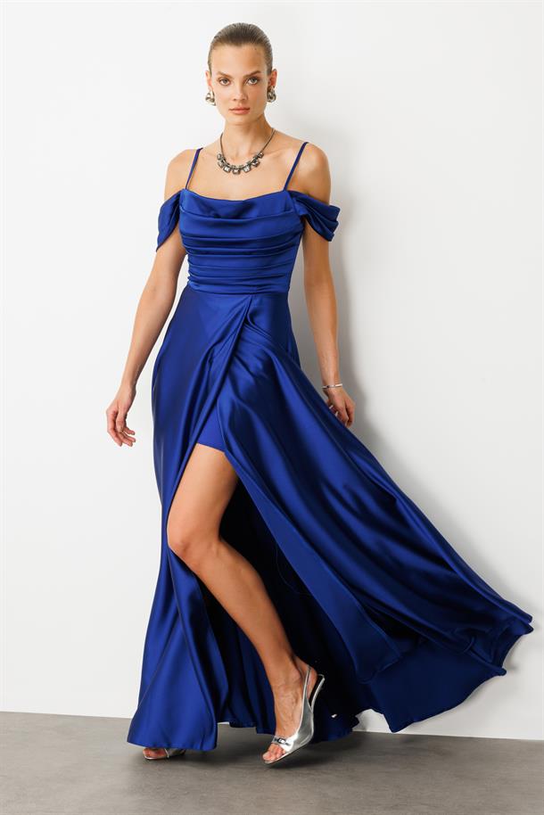 Düşük Kol Saten Abiye Elbise-SAX