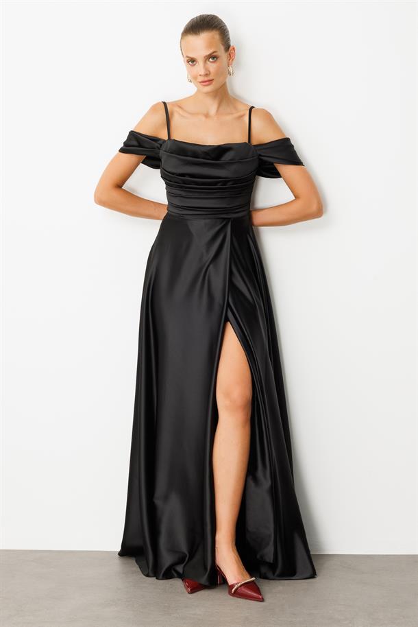 Düşük Kol Saten Abiye Elbise-SİYAH