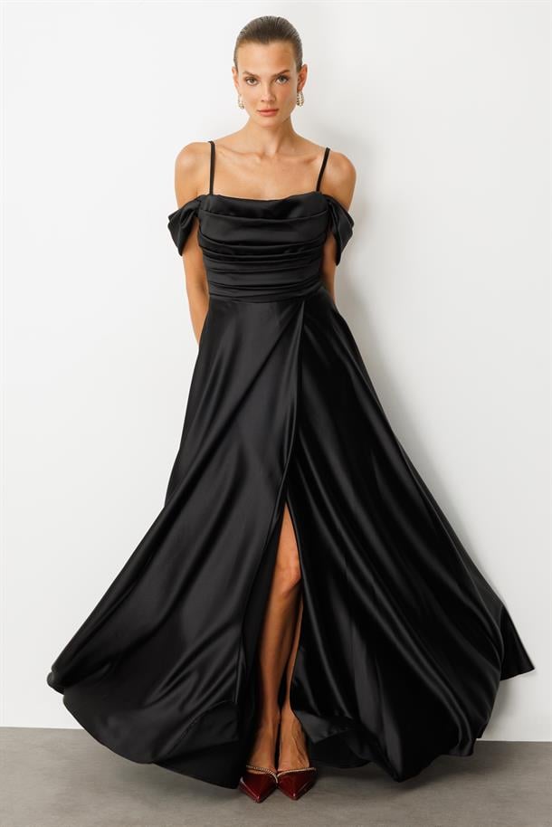 Düşük Kol Saten Abiye Elbise-SİYAH