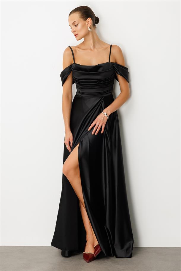 Düşük Kol Saten Abiye Elbise-SİYAH