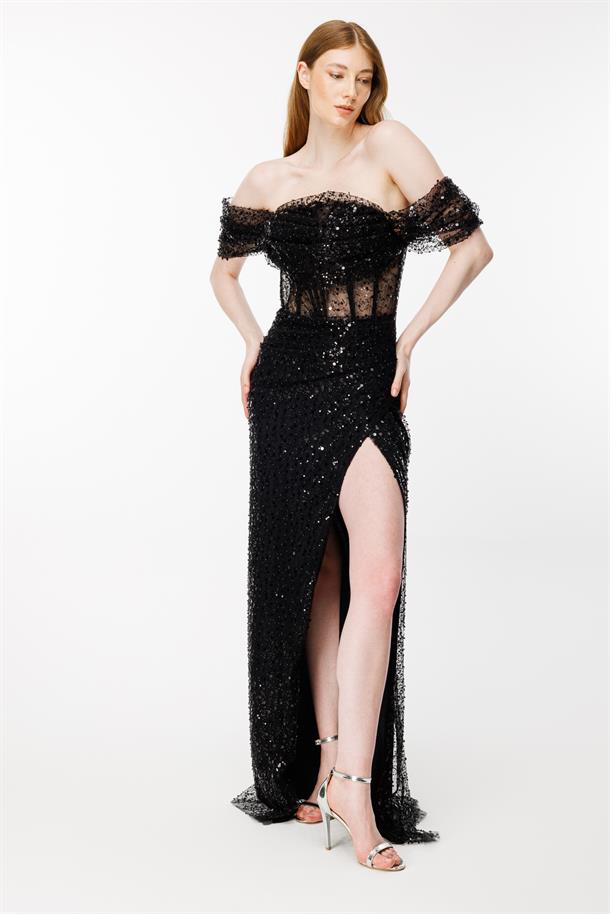 Düşük Omuz Balenli Ve Payetli Abiye-SİYAH