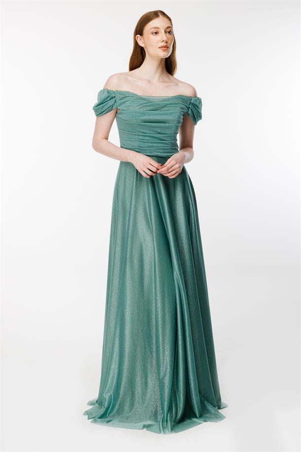 Düşük Omuz Drape Ve Sim Detaylı Uzun Abiye-MINT