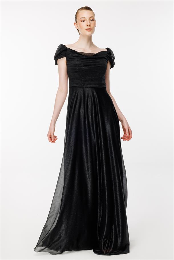 Düşük Omuz Drape Ve Sim Detaylı Uzun Abiye-SİYAH